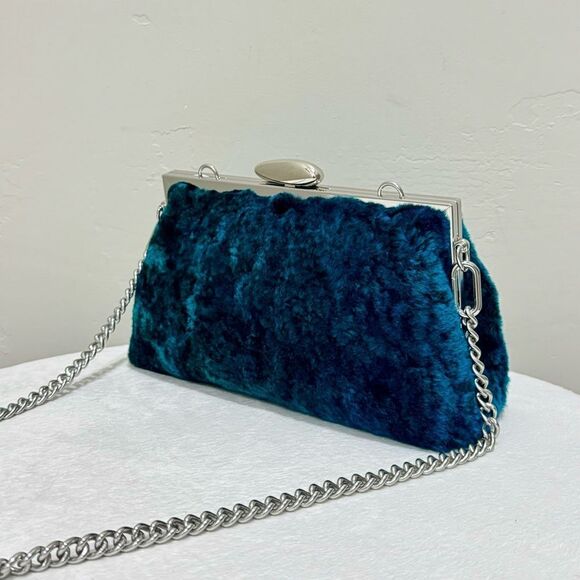 Peacock Blue Handmade Real Shearling Push Lock Clutch/Shoulder Bag/Crossbody - Picture 11 of 16